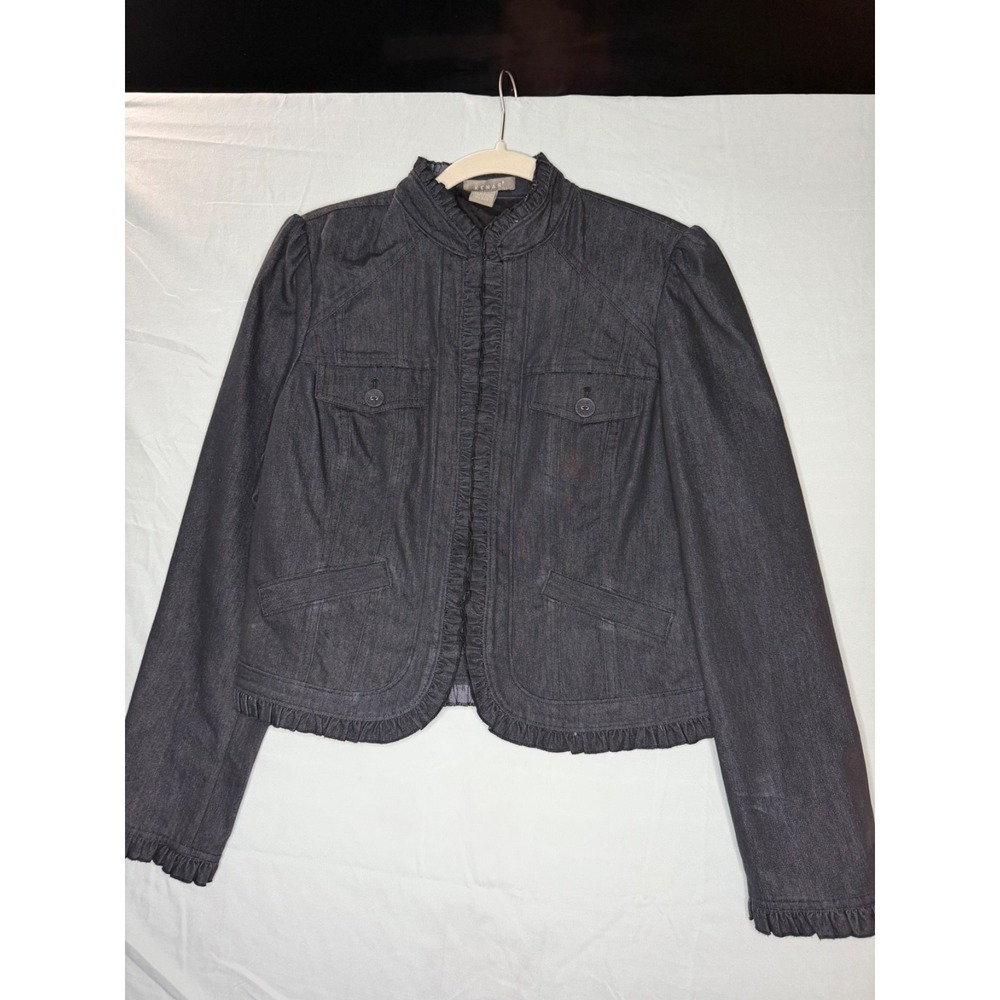 Kenar Black Denim Jackwt w/ruffle‎ accent trim sz 10 elevated denim